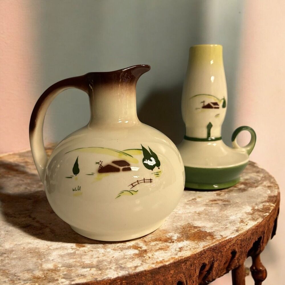 BROCK of CALIFORNIA Open Carafe Harvest Brown‎ 7” Jug + RARE Hurricane Lamp Vtg